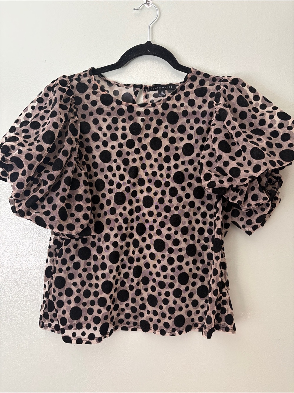 Haute Monde Nude and Black Sheer Polka Dot Puff Sleeve Top